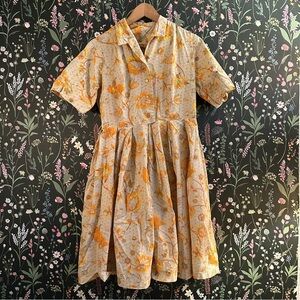 Floral Button-Up Fit & Flare Dress in Cream and Orange